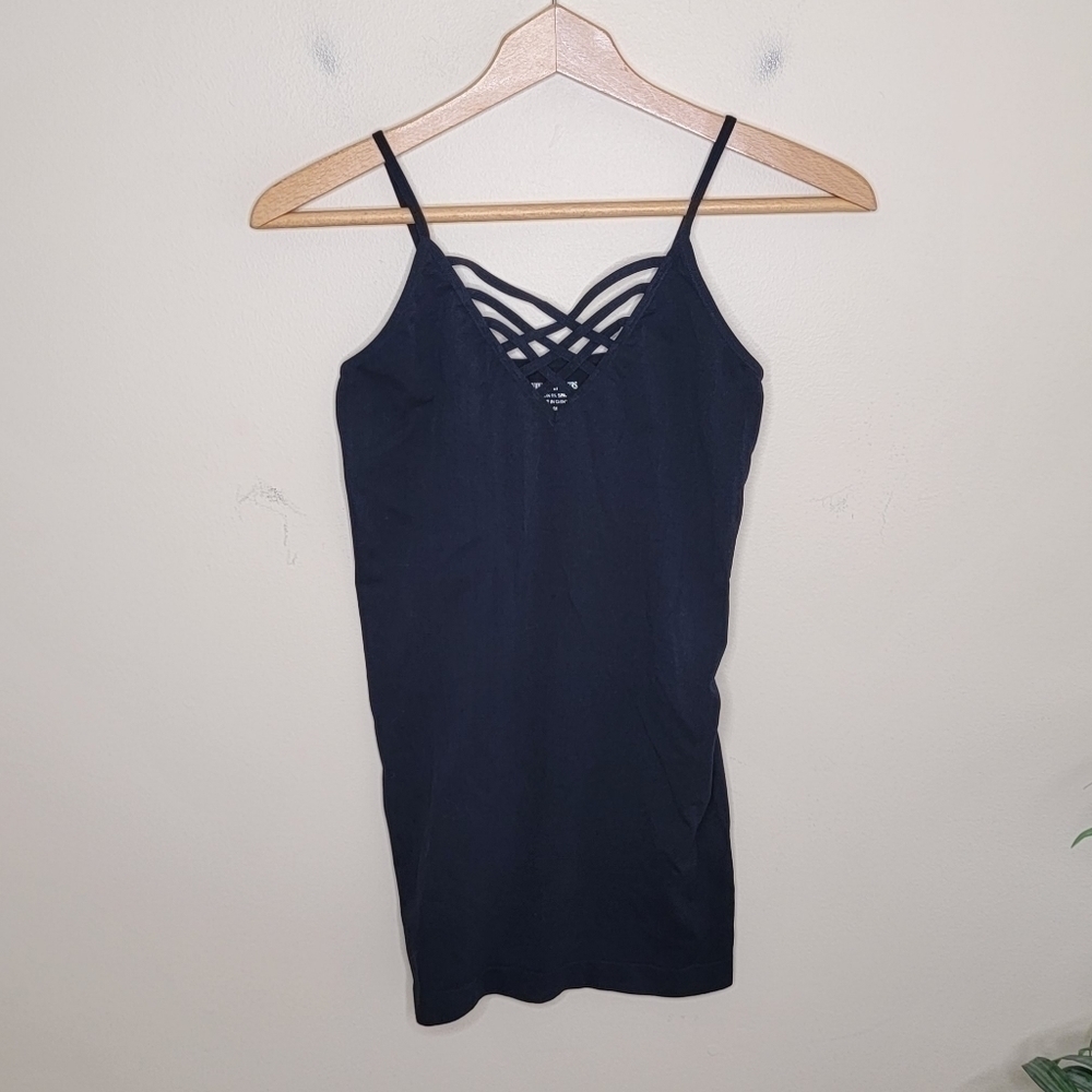 Zenana Outfitters | Black Adjustable Cami Strap Tank with Criss Cross Front